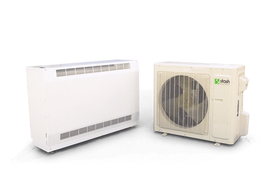 Both indoor and outdoor parts of the Stash Energy Heat Pump side by side